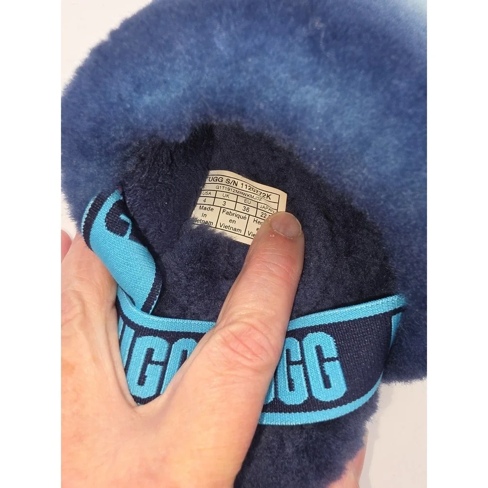 Women UGG Fluff Slides Bright Blue Slipper Size 4 w/ Straps